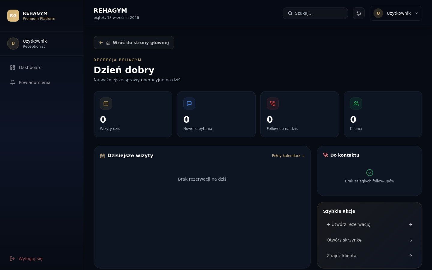 Widok dashboardu recepcji REHAGYM