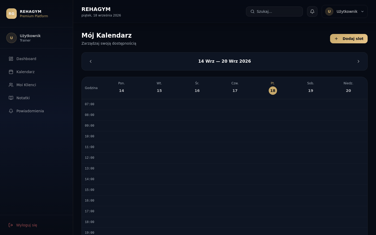 Widok kalendarza trenera