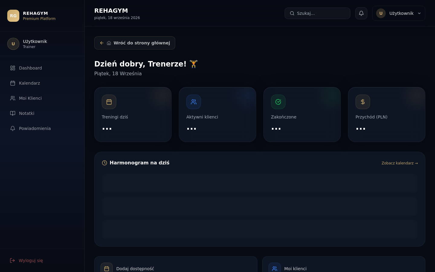 Widok dashboardu trenera REHAGYM